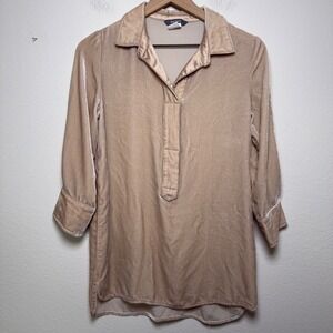 Anthropologie Blue Tassel Women 100% SILK Tunic Top XS Tan Velvet Lagenlook